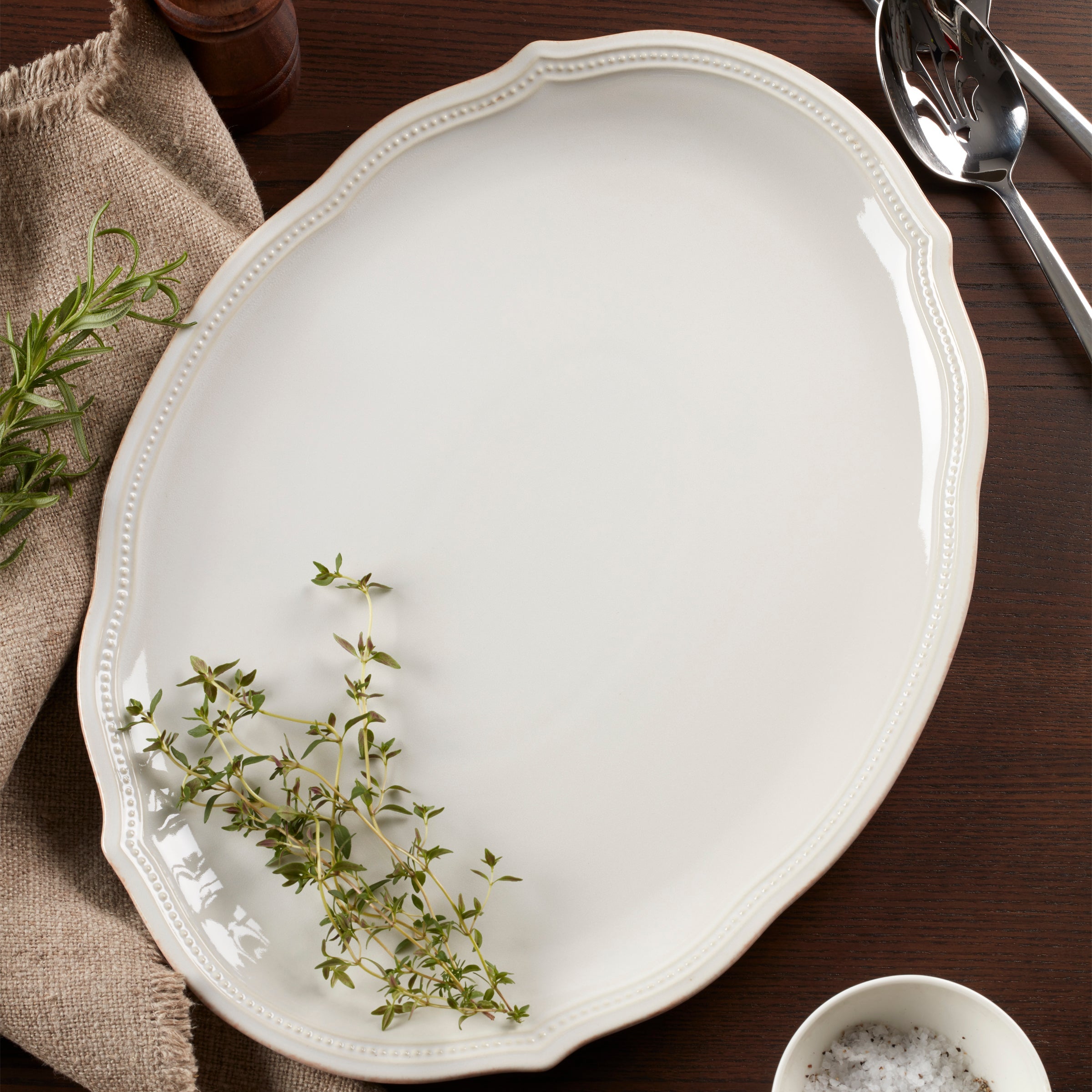 French Perle Bead White Oval Platter - Image 3