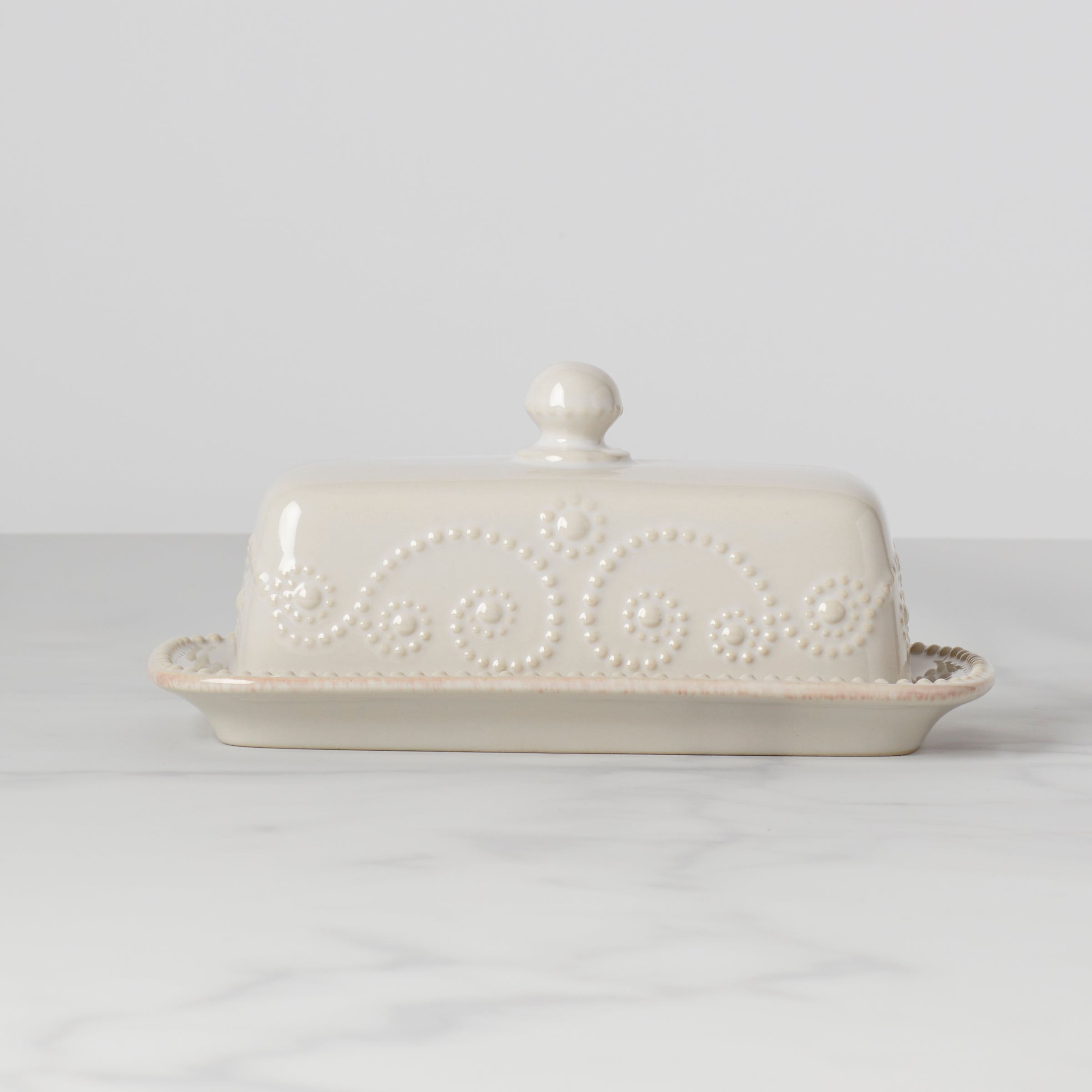 French Perle White Covered Butter Dish