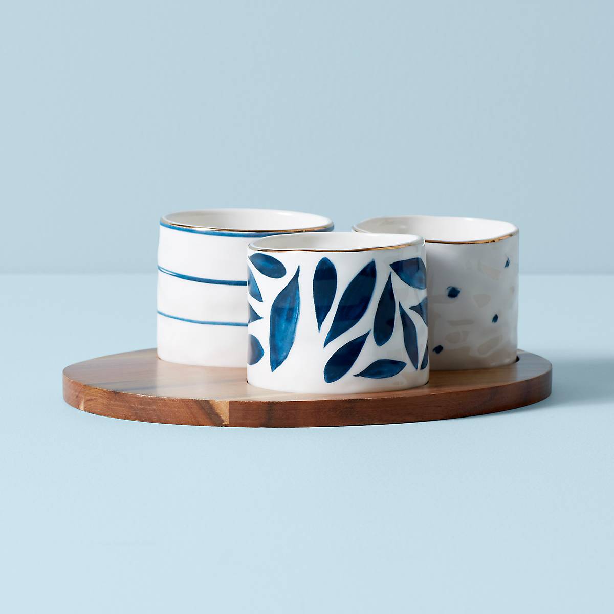 Blue Bay Snack Bowls   Set of 3   With Wood Tray