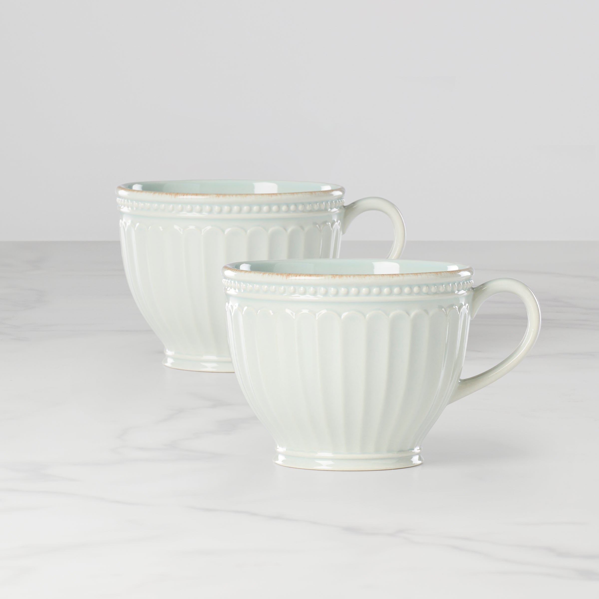 French Perle Groove Blue Latte Mugs Set of 2
