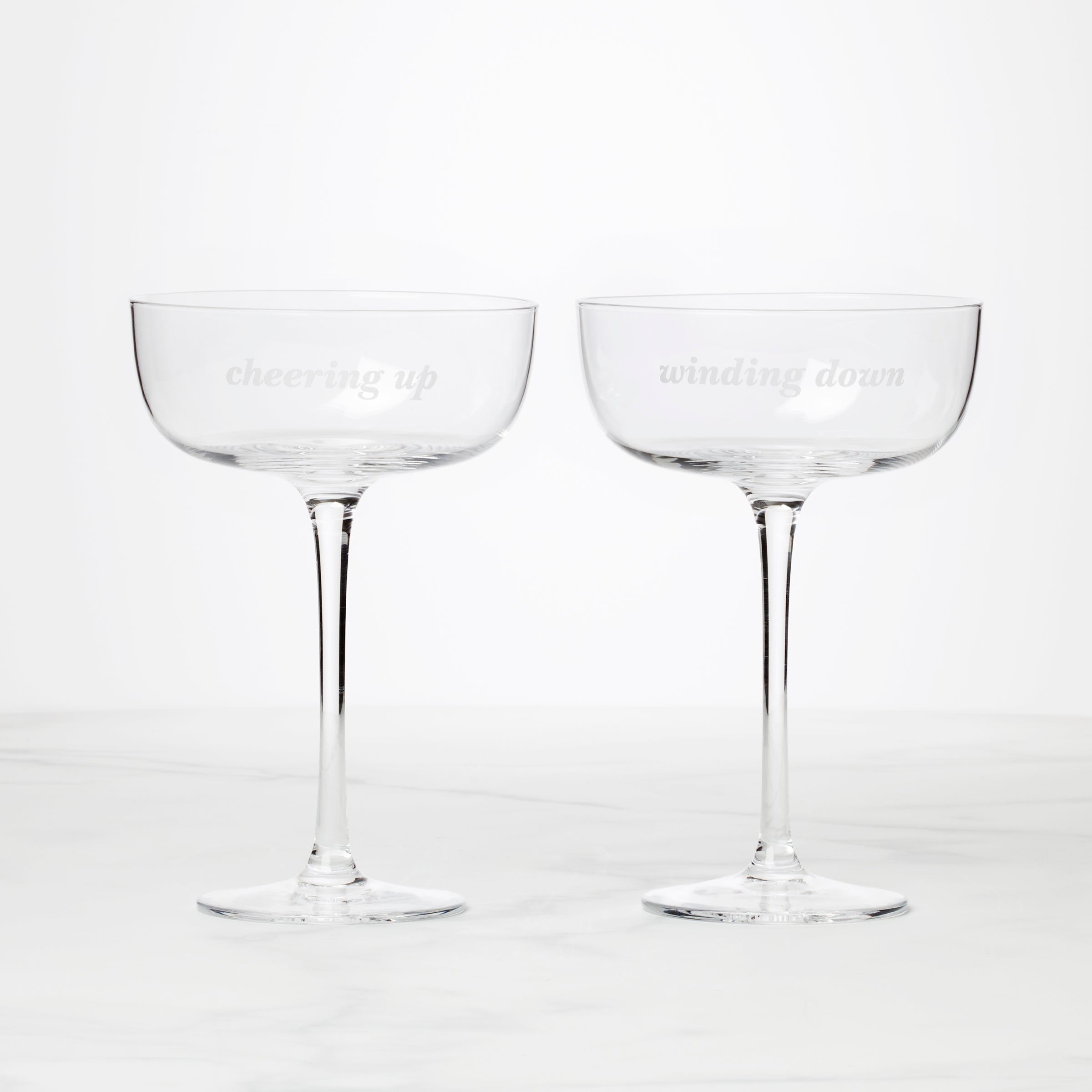 Winding Down & Cheering Up Coupe Glasses   Set Of 2