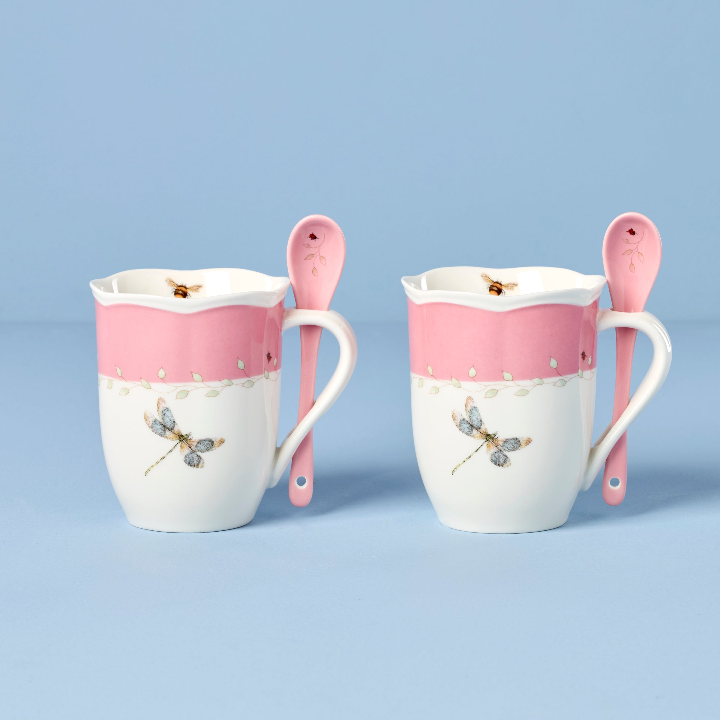Butterfly Meadow Pink Mugs With Spoons   Set of 2