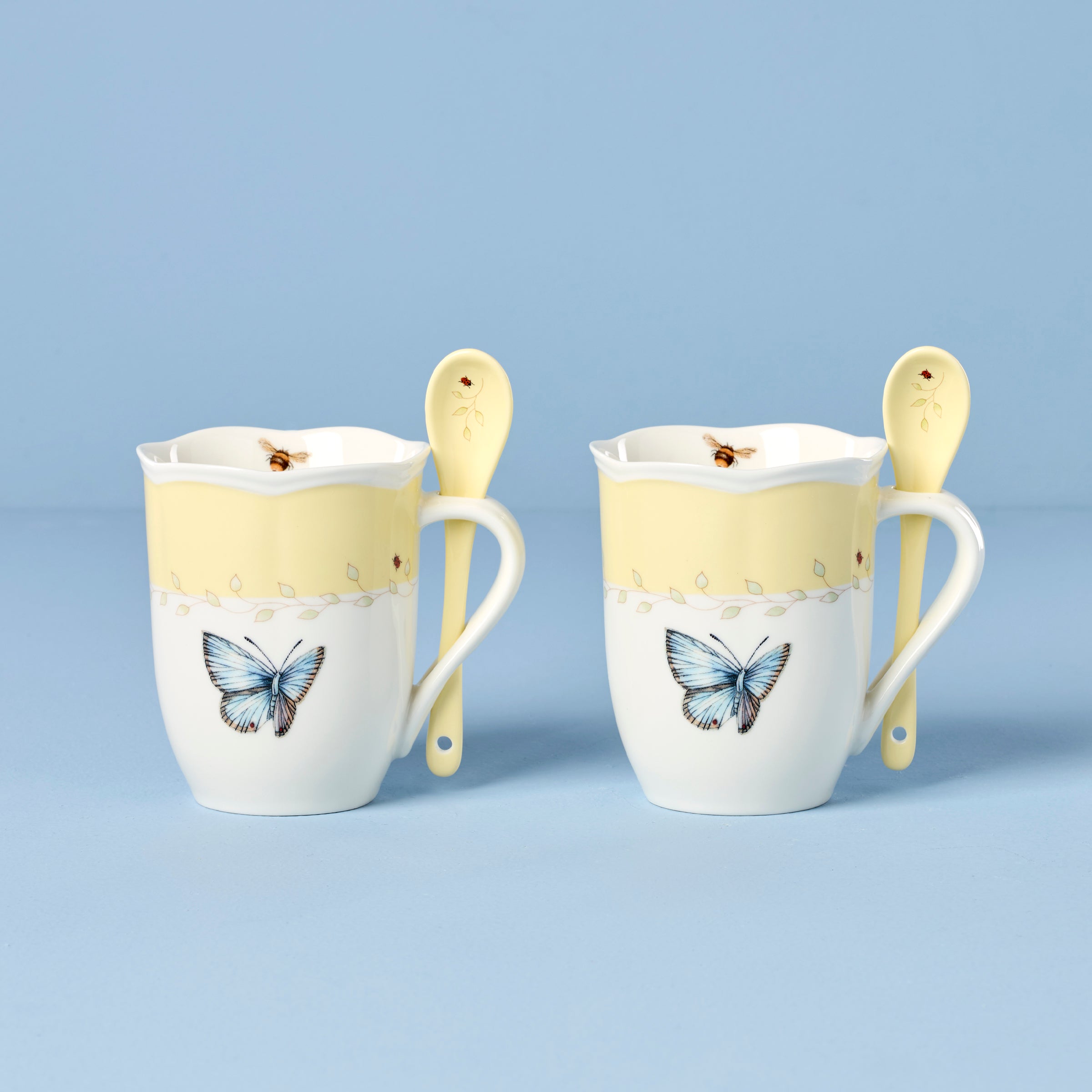 Butterfly Meadow Yellow Mugs With Spoons   Set of 2