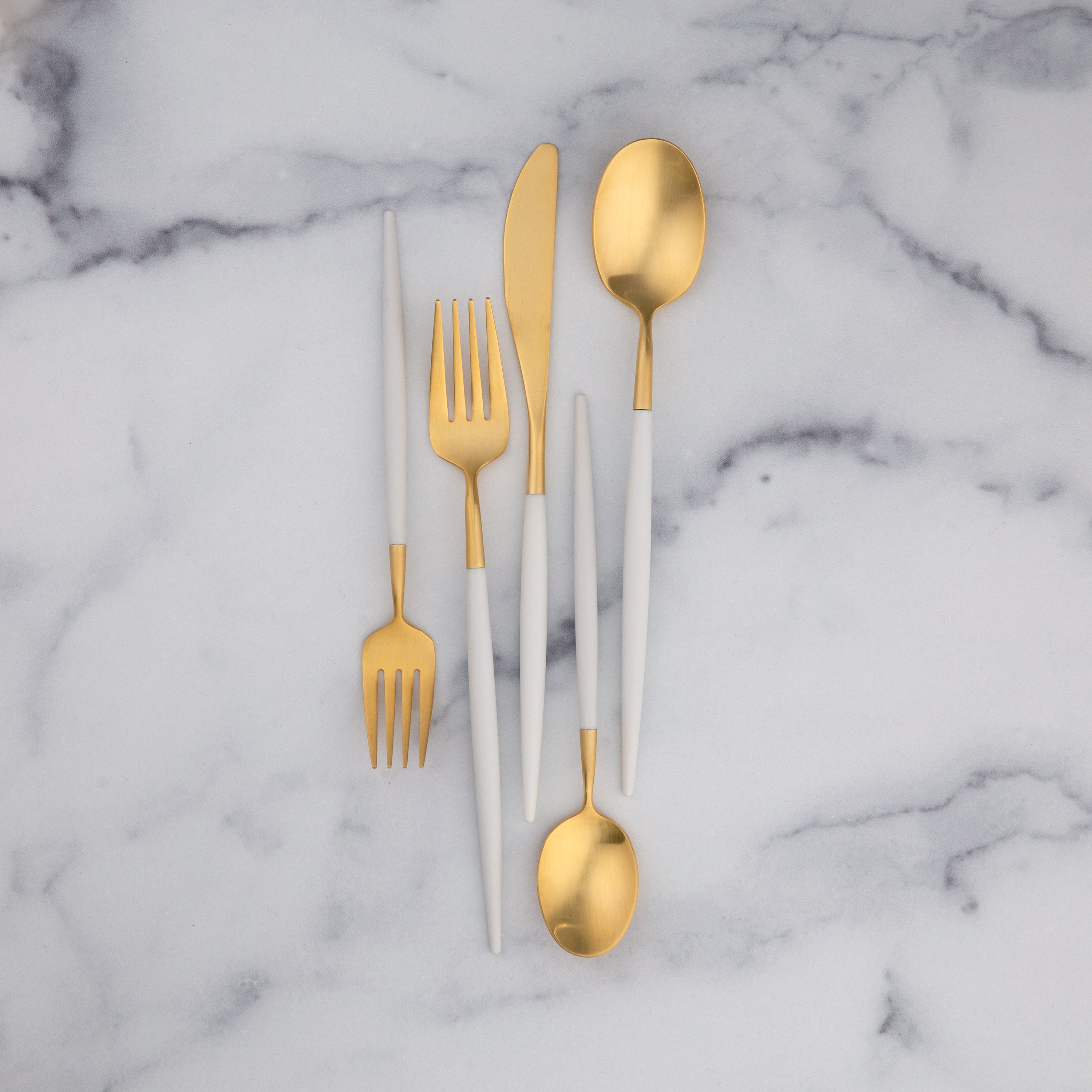 Alternative view of Mazzy Gold Satin White Pom Handle 20 Piece Flatware Set